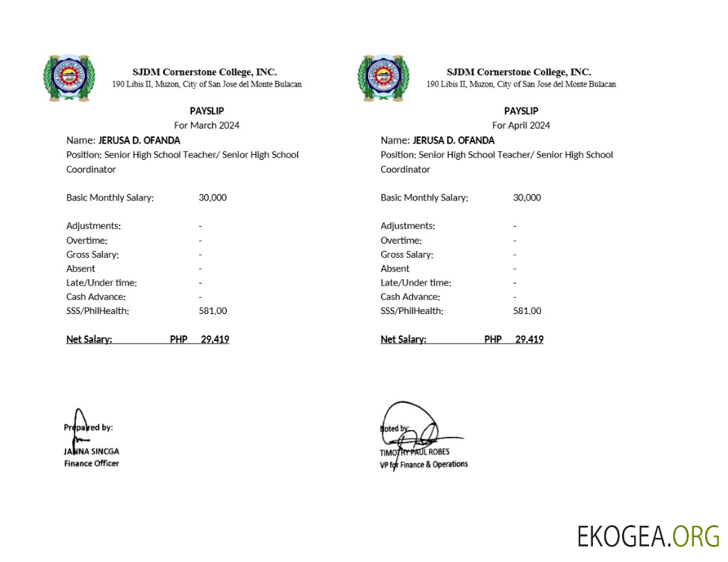 Modèle de fiche de paie du SJDM Cornerstone College aux formats Word et PDF.pdf, 1